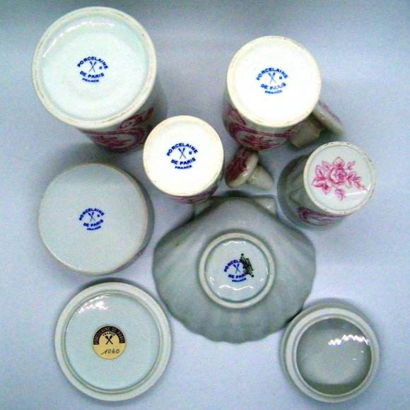 Vintage Porcelaine de Paris 6 pc Bathroom Vanity Set Soap Dish Jars Cup - Picture 4 of 5